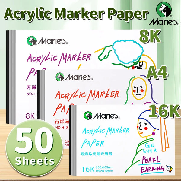 AOOKMIYA Marie's Acrylic Marker Papers, 50 Sheets 16K/A4/8K  32 lb/120 gsm,Sketchbook for Alcohol Markers and Ink Mediums for Adults