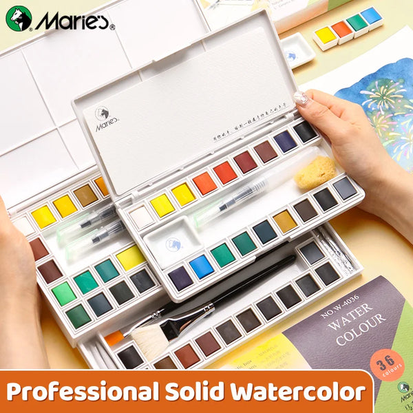 AOOKMIYA Marie's 18/24/36/48 Colors Solid Watercolor Paint Set,Includes Refillable Water Pens, Porcelain Plates, Sponge,Watercolor Paper