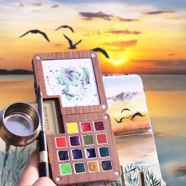 AOOKMIYA Travel Portable Empty Walnut Watercolor Palette Set Magnetic Clip 15 Grid Paint Box Student Sketching Painting Art Supplies
