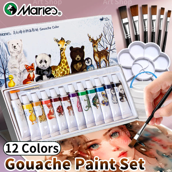AOOKMIYA 12 Colors Marie's Gouache Paint Set with 1 Paintbrush,Professional 5ml/Tubes for Painting,Canvas,Paper,DIY for Hobbists,Artists