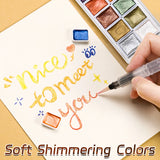 AOOKMIYA Metallic Watercolor Paints Handmade 12 Colors Gold Slivery Starry Pearl-Tinted Portable Box for Painting, Diary, Notes, Doodles