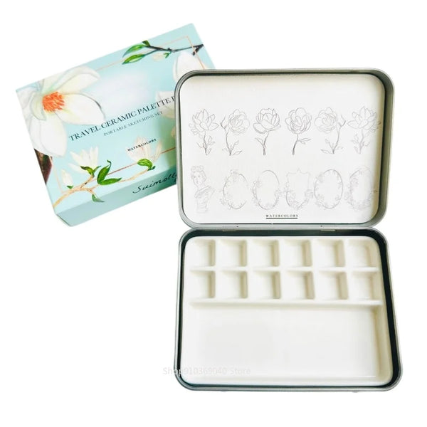 AOOKMIYA Watercolor Palette Ceramic 6/12 Grid Watercolor Palette Box Travel Portable Paint Tray Artist's Painting Art Supplies