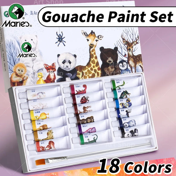 AOOKMIYA Marie's 5ml/Tubes Gouache Paint Set with 18 Colors and 2pcs Paintbrushes for Canvas,Paper,DIY,Painting for Professionals, Adults