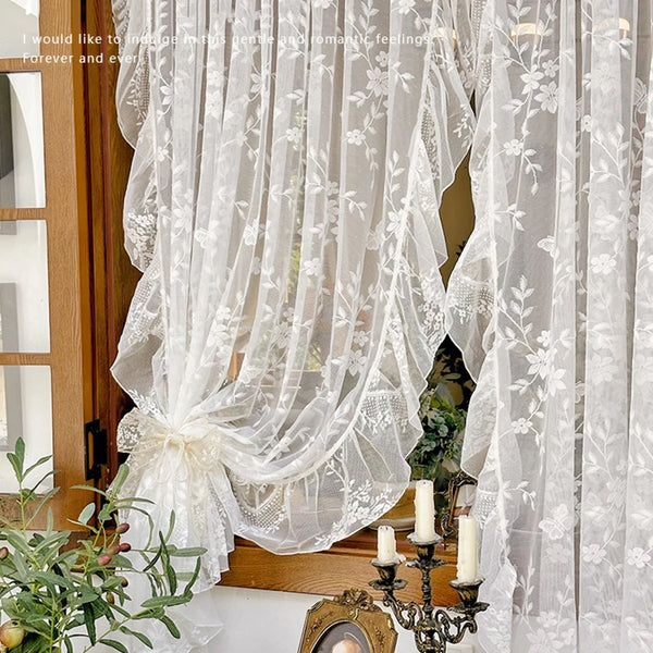 White Embroidered Lace Curtain, French Romantic Ruffled Voile Rod Pocket, Light Filtering Floral Sheer Curtains for Bedroom