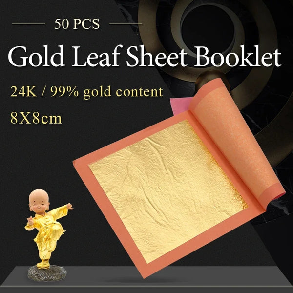 AOOKMIYA 24K Real Gold Leaf Booklet 8x8cm 50 Sheets Pure Gold Foil for Art Decoration Ultrathin Art Crafts Pure Gold Painting Paper