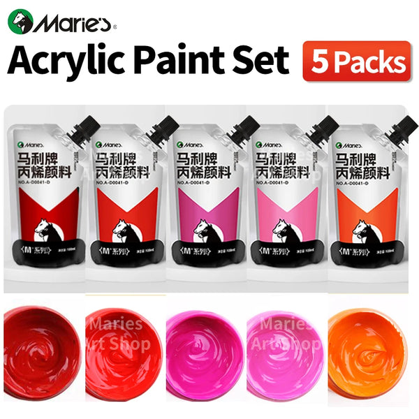 AOOKMIYA Marie's 5pcs 100ml/3.38oz Red Colors Acrylic Paint Set for Models,Craft,DIY,Rock,Glass,Painting,Canvas,Eggs for Adults, Artists