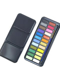 24 color iron box solid watercolor paint, free pen and color card. Suitable for beginners painting, doodling.