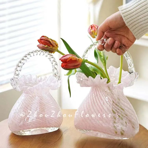 AOOKMIYA Handmade Crystal Flower Basket Figurine Hand Blown Glass Plant Vase Craft Living Room Flower Arrangement Home Wedding Decor