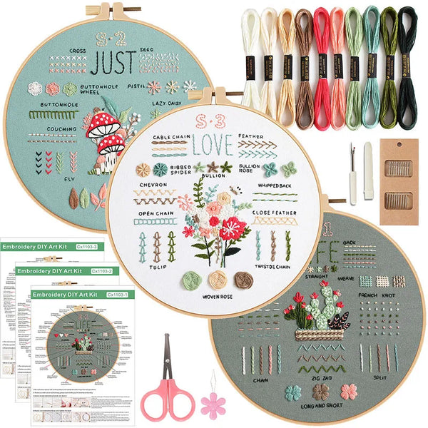 AOOKMIYA Embroidery Kit for Beginners Adults 3 Embroidery Kit Stamped Patterns Needles Color Threads Full Range Accessories Cross Stitch