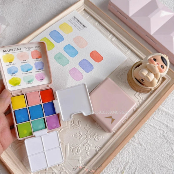 AOOKMIYA MAIRTINI Brilliant Rays New Solid Watercolor Paint 9-Color Pink Box Acuarela Travel Sketching Portable Set Art Supplies