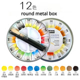 AOOKMIYA French Pebeo Solid Watercolor Paint 12/24 Colors Tin Box Set Comes with Palette Artist Travel Portable Painting Art Supplies