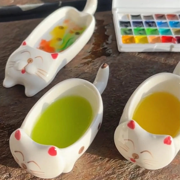 AOOKMIYA Ceramic Cat Watercolor Palette Empty Pen Washable Cute Ink Tray Easy To Clean Portable Paint Pallet Painting Art Supplies