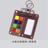 Portable Travel Wooden Handmade 8 Grid 0.2ML Schmincke Watercolor Paint Tray Box Black Walnut Palette Water Colour Brush Book