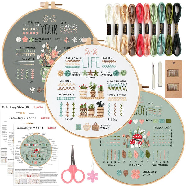 AOOKMIYA 3 Sets Embroidery Kit for Beginners, Embroidery Starter Kit Stitches Practice Kit Stamped Cross Stitch Sets with Tools