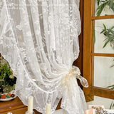 White Embroidered Lace Curtain, French Romantic Ruffled Voile Rod Pocket, Light Filtering Floral Sheer Curtains for Bedroom