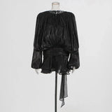 AOOKMIYA TWOTWINSTYLE Loose Solid Dresses For Women Round Neck Lantern Sleeve High Waist Spliced Fold Mini Chic Dress Female Fashion 2025 AOOKMIYA.COM