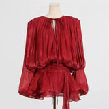 AOOKMIYA 2025 Elegant Chiffon Ruffle Skirt 2-piece Dress Women's Solid Chic V Neck Lace Up Puff Full Sleeve Sweet Style Mini Party Gowns AOOKMIYA.COM