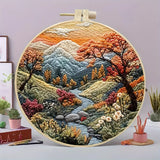 AOOKMIYA Beginners Hand Embroidery Kit - Mountain and Moon Landscape, Mixed Colors, Fabric Included - Perfect Handmade Gift