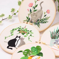 AOOKMIYA DIY Embroidery Kit Cat Plant Printed Pattern Beginner Cross Stitch Set Needlework Hoop Handmade Sewing Hobby Kits