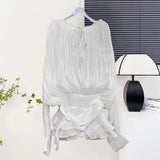 AOOKMIYA 2025 Elegant Chiffon Ruffle Skirt 2-piece Dress Women's Solid Chic V Neck Lace Up Puff Full Sleeve Sweet Style Mini Party Gowns AOOKMIYA.COM