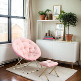 Comfortable Faux Fur Saucer Chair Round Folding Lounge Chair Living Room Flexible Seating for Adults Big Moon Shape Decorative