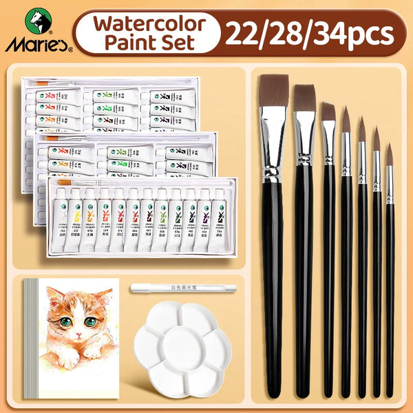 AOOKMIYA Marie's 22/28/34 pcs Watercolor Paint Set,12/18/24 5ml Water Color Tubes Kit in 7pcs Paintingbrushes,1 Palette,20 Sheets Paper