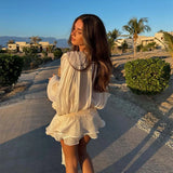 AOOKMIYA 2025 Elegant Chiffon Ruffle Skirt 2-piece Dress Women's Solid Chic V Neck Lace Up Puff Full Sleeve Sweet Style Mini Party Gowns AOOKMIYA.COM