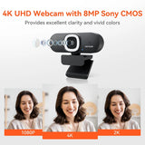 NUROUM V32AFL 4K Full HD Webcam with Microphone Auto-Focus Auto-Framing Ring Light Web Camera For Conference System