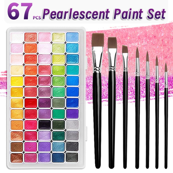 AOOKMIYA 67pcs Watercolor Paint Set in Sparkle Pearlescent Solid & 7pcs Brushes,Metallic Pigment for Painting,Writing for Adults,Artists
