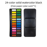 24 color iron box solid watercolor paint, free pen and color card. Suitable for beginners painting, doodling.