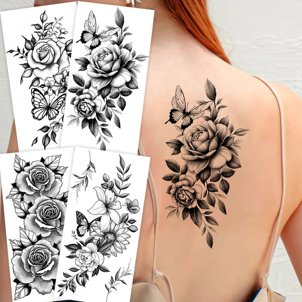 AOOKMIYA Waterproof Flower Temporary Tattoos for Women Black Floral Tattoo Stickers for Hand Arm Body Disposable Fake Tattoo Body Art