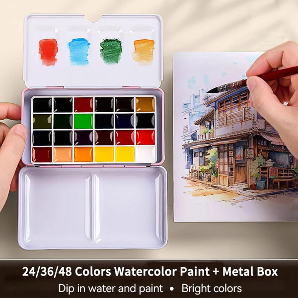 AOOKMIYA Solid Watercolor Paint Set 24/36/48 Colors Schmincke Watercolor Portable Metal Box for DIY Design Painting Artists and Beginners  AOOKMIYA.COM