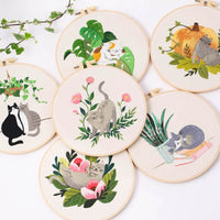AOOKMIYA DIY Embroidery Kit Cat Plant Printed Pattern Beginner Cross Stitch Set Needlework Hoop Handmade Sewing Hobby Kits