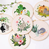 AOOKMIYA DIY Embroidery Kit Cat Plant Printed Pattern Beginner Cross Stitch Set Needlework Hoop Handmade Sewing Hobby Kits