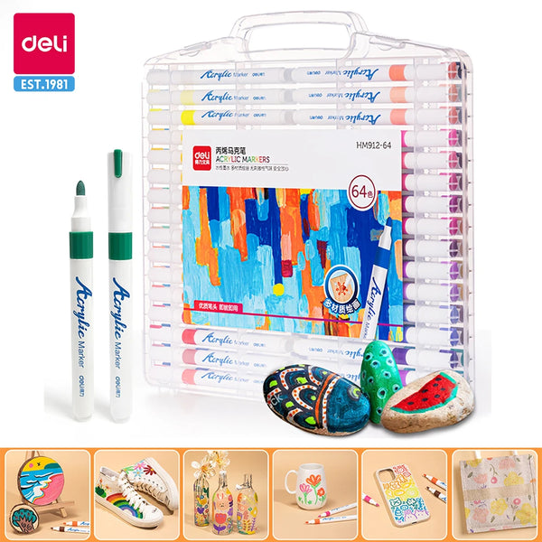 AOOKMIYA Deli 64 Colors Acrylic Paint Marker Pen Acrylic Marker Set Plumones Rotuladores Poster Pen Back to School Gift for Kids