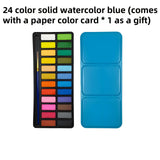 24 color iron box solid watercolor paint, free pen and color card. Suitable for beginners painting, doodling.
