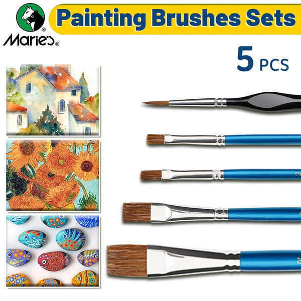 AOOKMIYA 5pcs Marie's Paint Brushes Set with Flat and Details with Wolf Hair for Acrylic,Watercolor,Crafts,Models,Rocks,Canvas,Gouache