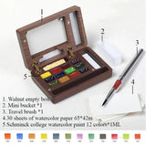 AOOKMIYA Portable 12Colors Watercolor Palette Set with Brush Walnut Magnetic Paints Box Travel Painting Sketching Paint Tray Art Supplies