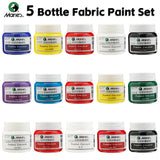 AOOKMIYA 5 Bottles Marie's Fabric Paint Set 50ml/1.69oz,Bright Colors,Quick-Drying,Suitable for Clothes,Canvas Bag,Great for Adults