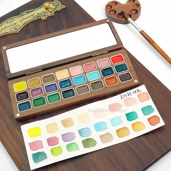 AOOKMIYA 24 Colors 1ml Solid Watercolor Pigment Wooden Box with Palette Handmade Solid Pigment Painting Portable Nail Art Supplies