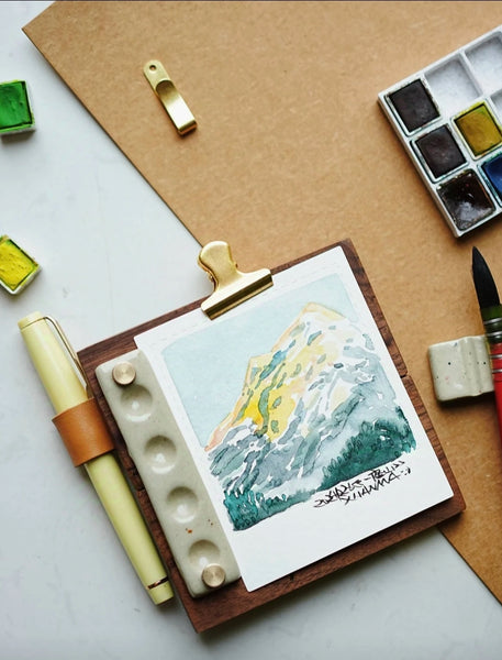 AOOKMIYA Handmade MINI Cute Walnut Wood  Folding Ceramic Color Palette Watercolor Ledger Leather Handle  AOOKMIYA.COM