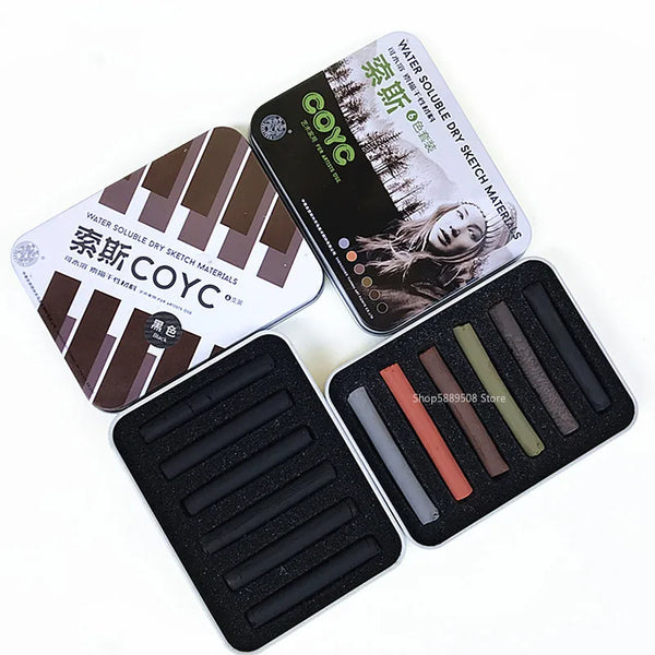 6pcs Iron Box Professional Sketch Charcoal Stick Dry Material Soluble Toner Sketch Charcoal Artist Art Crayons Painting