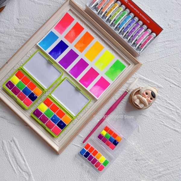 AOOKMIYA Holbein Watercolor Pigment Fluorescent Transparent Solid 12 Colors Watercolor Box Travel Painting Portable Art Supplies