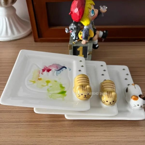 AOOKMIYA Cute Cat Ceramic Palette Square Watercolor Palette Easy To Clean Paint Tray Art Student Gouache Painting Art Supplies