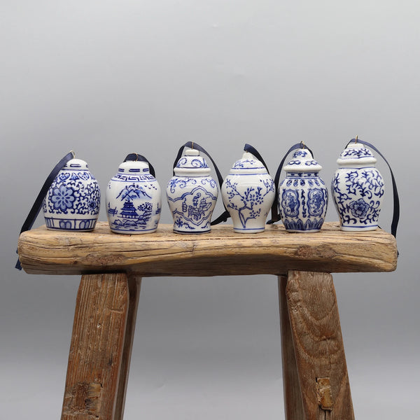 Set of 6 Ceramic Pendants, Hanging Ornaments, Blue and White Ceramic Jar Models