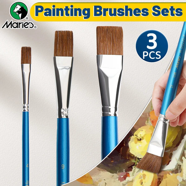 AOOKMIYA Marie's 3pcs Soft Hair Flat Paint Brush Set for Oil,Acrylic,Gouache,Watercolor,Crafts,Models,Rocks,Canvas for Artists,Hobbies
