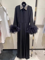 Luxury Brand 100% Silk Evening Dress Long Sleeve Patchwork Feather Black Dress Turn-down Collar Shiny Sequins Embroidery Dresses