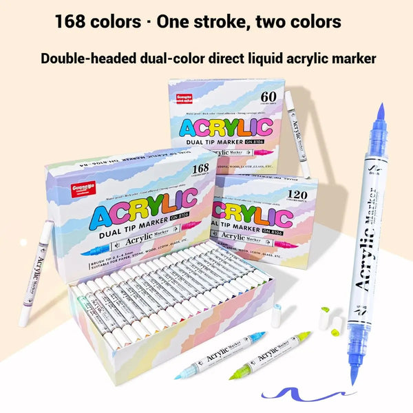 60-168 Color Acrylic Markers Set Double Nib Vibrant Paint Pens Waterproof for Rock Canvas Wood Stone Art Craft School Stationery
