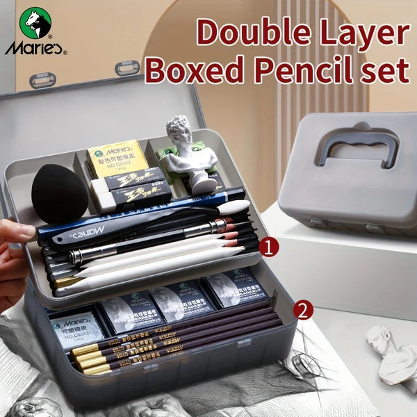 AOOKMIYA Marie's 23/27pcs Pencil Set with Double Layer Box with Charcoal Graphite,Pencils,Erasers,Knife,for Painting,Writing for Adults