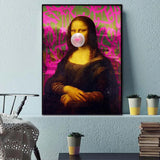 Abstract Funny Style Mona Lisa with Bubble Gum  Art Poster Canvas Painting Wall Print Picture for Living Room Home Decor Cuadros